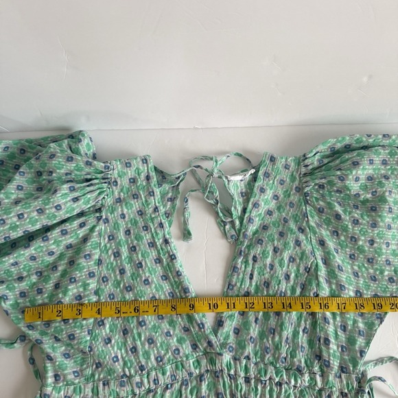 Mango MNG Maxi Dress SMALL Green Open Back Cotton Geometric Tiered Deep V Neck - Picture 10 of 11